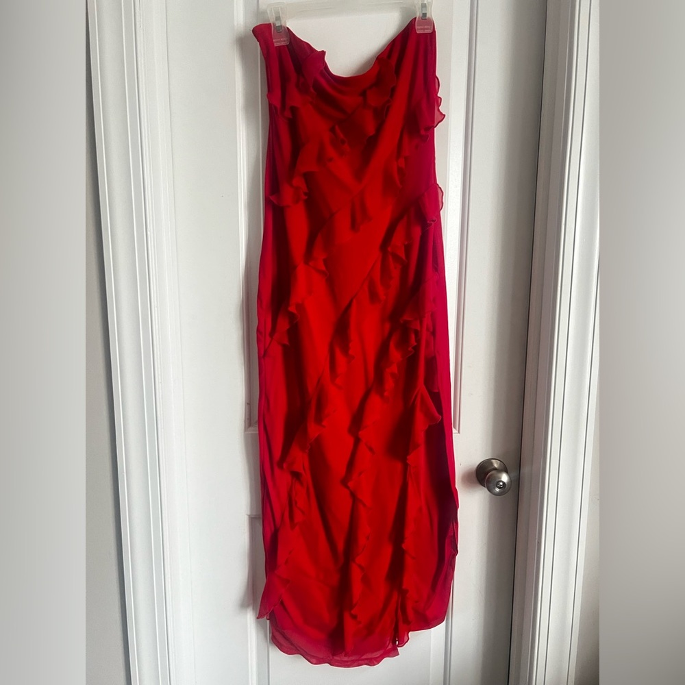 ZESICA OFF SHOULDER MESH TASSEL RUFFLE SIDE SPLIT TUBE MAXI DRESS | xl - Picture 3 of 5